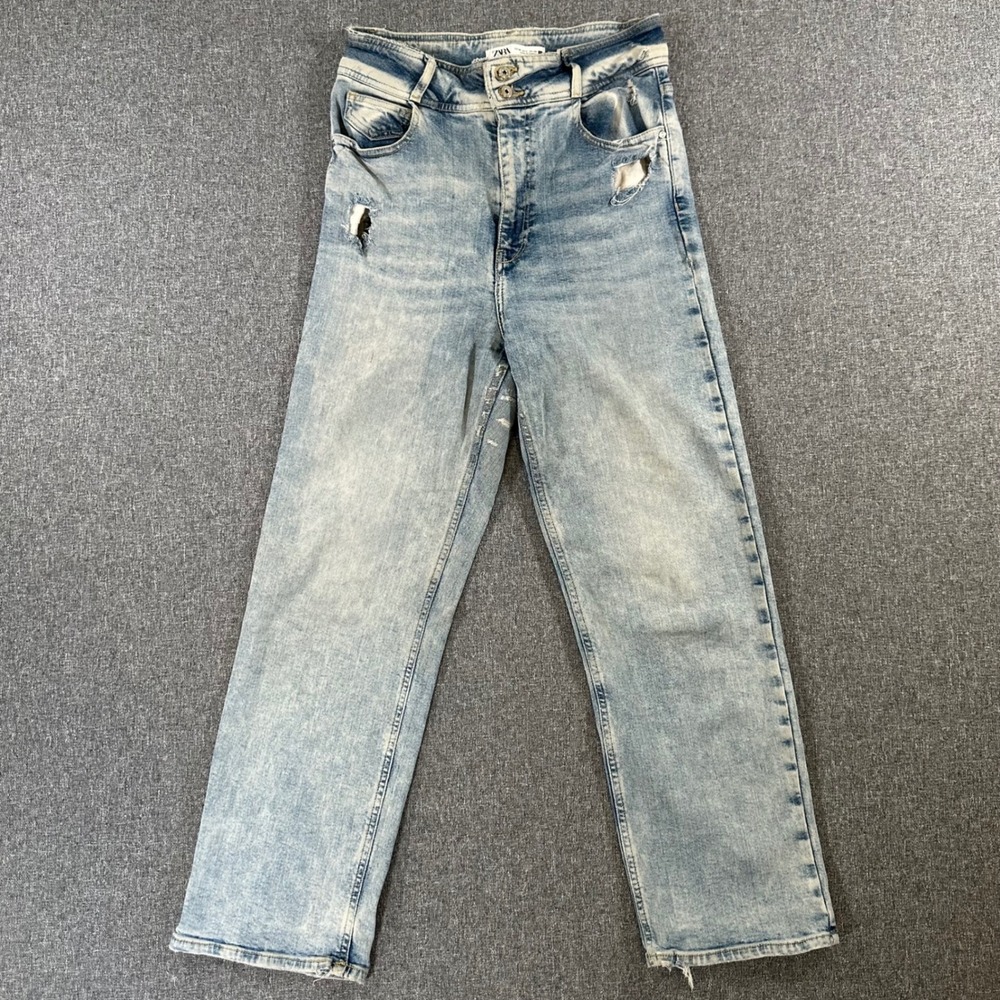 Zara High Waisted Straight Leg Jeans Light Wash Distressed Blue Womens Size 4